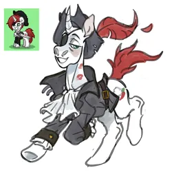 Size: 2160x2160 | Tagged: safe, artist:kapusha-blr, derpibooru import, oc, unofficial characters only, pony, unicorn, clothes, curved horn, grin, hat, horn, image, jacket, kiss mark, lidded eyes, lipstick, looking at you, male, pirate, pirate hat, png, running, smiling, solo, stallion