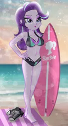 Size: 1089x2000 | Tagged: safe, artist:charliexe, artist:emeraldblast63, artist:theretroart88, derpibooru import, starlight glimmer, human, equestria girls, beach, bikini, clothes, female, g4, image, ocean, png, solo, sunlight, surfboard, swimsuit, water