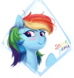 Size: 1746x1844 | Tagged: safe, artist:some_ponu, derpibooru import, rainbow dash, pegasus, pony, g4, :>, blushing, female, image, jpeg, looking at you, mare, simple background, smiling, solo, white background