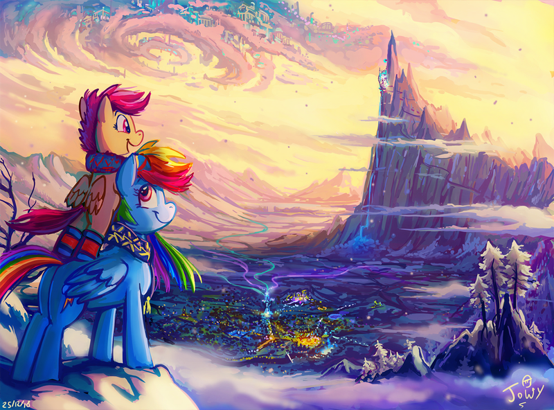 Size: 4392x3248 | Tagged: safe, artist:jowybean, derpibooru import, edit, rainbow dash, scootaloo, pegasus, pony, :t, beautiful, bipedal, bipedal leaning, blank flank, butt, canterlot, canterlot mountain, clothes, cloud, cloudsdale, color porn, cute, cutealoo, dashabetes, duo, duo female, female, filly, foal, folded wings, g4, glow, image, leaning, looking up, magic, majestic, mare, mountain, mountain range, open mouth, open smile, outdoors, plot, png, ponies riding ponies, pony hat, ponyville, riding, riding a pony, scarf, scenery, scenery porn, scootaloo riding rainbow dash, signature, smiling, snow, snowfall, sweet dreams fuel, twilight's castle, upscaled, valley, water, waterfall, wings, winter