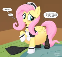 Size: 1993x1849 | Tagged: suggestive, artist:thenypod4, derpibooru import, fluttershy, pegasus, pony, belly, big belly, blushing, clothes, dialogue, female, fluttermaid, image, maid, open mouth, png, preggoshy, pregnant, skirt, solo, solo female, speech bubble