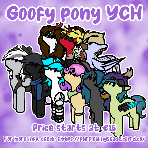 Size: 1000x1000 | Tagged: safe, artist:purple wingshade, derpibooru import, oc, oc:agroga, oc:aurion, oc:duncan, oc:flawless ice, oc:georgina, oc:omega, oc:quickdraw, oc:silver edge, oc:steel prism, unofficial characters only, bat pony, changeling, gryphon, kirin, pegasus, pony, unicorn, advertisement, commission, cute, horn, image, png, small, ych example, ych result, your character here