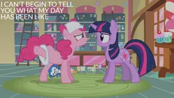 Size: 2000x1125 | Tagged: safe, derpibooru import, edit, edited screencap, editor:quoterific, screencap, pinkie pie, twilight sparkle, baby cakes, diaper, g4, image, png