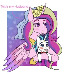 Size: 1047x1180 | Tagged: safe, artist:bluefinarts, derpibooru import, princess cadance, shining armor, alicorn, pony, unicorn, 2024, blushing, bowtie, dialogue, duo, duo male and female, female, folded wings, g4, height difference, hoof shoes, horn, horn ring, hug, image, jewelry, male, mare, meme, messy mane, open mouth, open smile, passepartout, png, princess shoes, ring, ship:shiningcadance, shipping, size difference, smiling, stallion, straight, the bride and the ugly ass groom, toy interpretation, wings