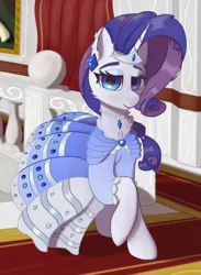 Size: 1914x2615 | Tagged: safe, artist:raritymylove, derpibooru import, rarity, pony, unicorn, alternate hairstyle, blue dress, chest fluff, clothes, dress, ear fluff, ear piercing, earring, gala dress, heart, heart eyes, horn, image, jewelry, kwistal gala, looking at you, necklace, pearl necklace, piercing, png, rarity's first gala dress, solo, wingding eyes