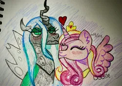 Size: 3863x2727 | Tagged: safe, artist:doodle-doodie-doo, derpibooru import, princess cadance, queen chrysalis, alicorn, changeling, changeling queen, pony, duo, duo female, eyes closed, female, heart, image, infidelity, jpeg, lesbian, love, paper, queen chrysalis is not amused, ship:cadalis, shipping, smiling, traditional art, unamused