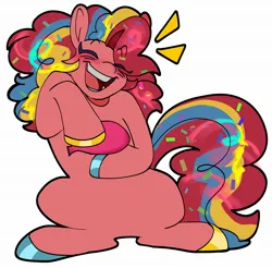Size: 2048x2013 | Tagged: safe, artist:roseytherose, derpibooru import, part of a set, pinkie pie, earth pony, pony, alternate color palette, alternate design, alternate mane color, alternate tail color, blushing, colored eyelashes, colored hooves, confetti in mane, confetti in tail, curly mane, curly tail, emanata, eye clipping through hair, eyebrows, eyebrows visible through hair, eyelashes, eyes closed, female, g4, high res, hoof hold, hooves, image, jpeg, laughing, mare, mismatched hooves, multicolored hooves, multicolored mane, multicolored tail, open mouth, open smile, purple eyelashes, shiny hooves, shiny mane, shiny tail, simple background, sitting, smiling, solo, tail, three toned mane, three toned tail, tri-color mane, tri-color tail, tri-colored mane, tri-colored tail, tricolor mane, tricolor tail, tricolored mane, tricolored tail, white background, whoopee cushion