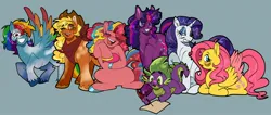 Size: 2048x866 | Tagged: safe, artist:roseytherose, derpibooru import, part of a set, applejack, fluttershy, pinkie pie, rainbow dash, rarity, spike, twilight sparkle, earth pony, pegasus, pony, unicorn, alternate color palette, alternate design, alternate hairstyle, alternate mane color, alternate tail color, applejack's hat, bags under eyes, bandana, bangs, big eyes, blonde mane, blonde tail, blue background, blue eyes, blue eyeshadow, blue hooves, blush lines, blush sticker, blushing, brown hooves, colored eartips, colored eyebrows, colored eyelashes, colored hooves, colored pupils, colored wings, colored wingtips, confetti in mane, confetti in tail, cowboy hat, curly mane, curly tail, cute, eye clipping through hair, eyebrows, eyebrows visible through hair, eyelashes, eyes closed, eyeshadow, facial markings, female, flying, folded wings, g4, gold mane, gold tail, green eyes, green pupils, hat, holding, hoof hold, hooves, horn, image, jpeg, laughing, leg fluff, lidded eyes, long eyelashes, long mane, long tail, looking at something, looking at you, looking back, looking down, lying down, makeup, male, mane seven, mane six, mare, mismatched hooves, multicolored hair, multicolored hooves, multicolored mane, multicolored tail, multicolored wings, neckerchief, one eye closed, open mouth, open smile, paper, pink eyes, pink mane, pink tail, ponyloaf, ponytail, prone, purple coat, purple eyelashes, purple eyes, purple hooves, purple mane, purple tail, quill pen, rainbow hair, rainbow tail, rainbow wings, raised hoof, raised hooves, ringlets, shiny hooves, shiny mane, shiny tail, shyabetes, simple background, sitting, slit pupils, smiling, smiling at you, spikabetes, splotches, spread wings, standing, stetson, tail, teal eyes, teeth, thick eyebrows, three toned mane, three toned tail, tied mane, tied tail, tongue out, tri-color mane, tri-color tail, tri-colored mane, tri-colored tail, tricolor mane, tricolor tail, tricolored mane, tricolored tail, two toned wings, unicorn twilight, unshorn fetlocks, wall of tags, wavy mane, wavy tail, white coat, whoopee cushion, wingding eyes, wings, wink, writing, yellow coat