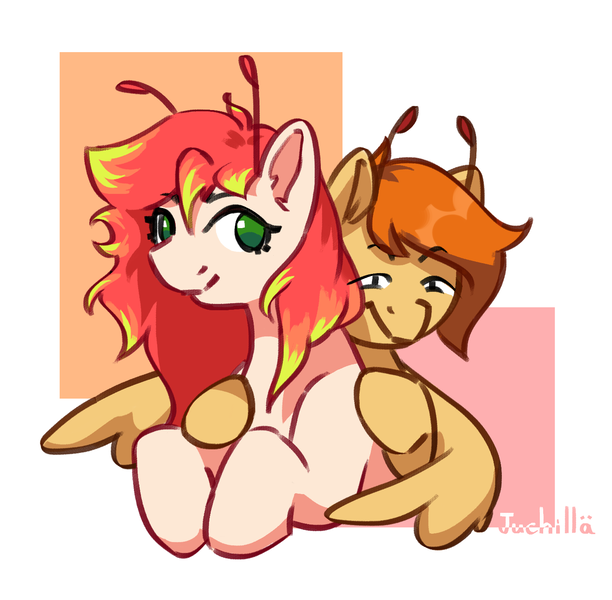 Size: 1467x1439 | Tagged: safe, artist:ju4111a, derpibooru import, oc, oc:chise, oc:svatya, unofficial characters only, pegasus, pony, antennae, duo, hug, hugging a pony, image, looking at each other, looking at someone, looking at you, pegasus oc, pegasus wings, png, raised hoof, simple background, smiling, smiling at each other, smiling at you, two toned mane, winghug, wings