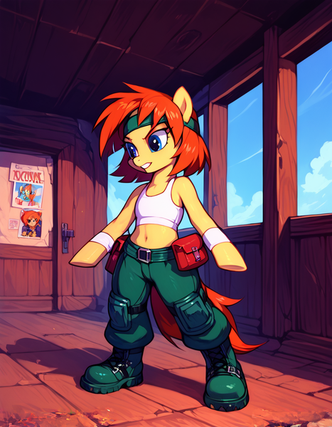 Size: 896x1152 | Tagged: safe, ai content, derpibooru import, machine learning generated, prompter:jaimeastorga2000, stable diffusion, anthro, plantigrade anthro, advance wars, blue eyes, boots, clothes, generator:pony diffusion v6 xl, headband, hooves, image, midriff, orange hair, pants, png, pouch, sami, shoes, solo, tanktop