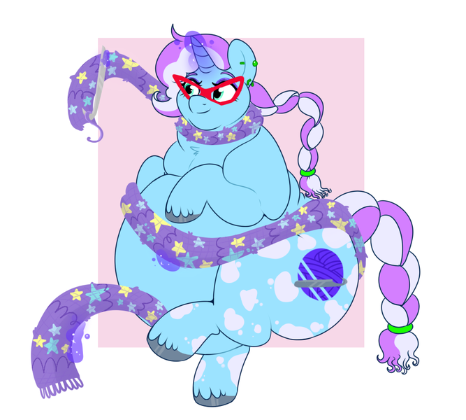 Size: 999x898 | Tagged: safe, artist:lulubell, derpibooru import, oc, oc:purl periwinkle, unofficial characters only, crochet, fat, glasses, image, levitation, magic, png, solo, telekinesis