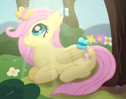 Size: 3500x2763 | Tagged: safe, artist:sweetielover, derpibooru import, fluttershy, butterfly, insect, pegasus, pony, atg 2024, bush, countryside, female, flower, folded wings, forest, g4, happy, high res, image, nature, newbie artist training grounds, peaceful, png, rock, sitting, smiling, solo, sunlight, tree, wings