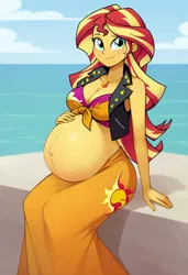 Size: 832x1216 | Tagged: suggestive, ai content, derpibooru import, machine learning generated, stable diffusion, sunset shimmer, human, equestria girls, belly, belly button, big belly, big breasts, breasts, busty sunset shimmer, cleavage, clothes, female, front knot midriff, g4, generator:pony diffusion v6 xl, hand on belly, image, jacket, jpeg, long skirt, looking at you, midriff, my little pony equestria girls: better together, ocean, pregnant, sit, skirt, smiling, solo, solo female, water