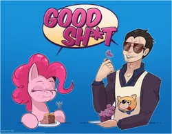 Size: 1950x1512 | Tagged: safe, artist:saturdaymorningproj, derpibooru import, pinkie pie, earth pony, human, pony, anime, apron, cake, censored, censored vulgarity, clothes, crossover, cupcake, dialogue, duo, duo male and female, eating, eyes closed, female, food, fork, g4, gradient background, hoof hold, human male, image, male, png, sunglasses, tatsu, the way of the houshusband, vulgar