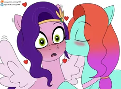 Size: 4105x3040 | Tagged: safe, alternate version, artist:eagc7, derpibooru import, pipp petals, earth pony, pegasus, pony, g5, blushing, duo, duo female, eyes closed, eyes open, female, heart, heart eyes, image, jazz hooves, kiss on the cheek, kissing, lesbian, mare, png, ship:jazzpipp, shipping, simple background, spread wings, wingboner, wingding eyes, wings