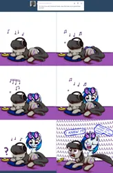 Size: 2562x3916 | Tagged: safe, artist:esuka, derpibooru import, octavia melody, vinyl scratch, pony, ask-canterlot-musicians, headphones, image, lying down, png, prone