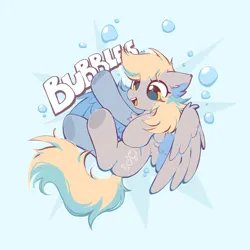 Size: 2000x2000 | Tagged: safe, artist:mirtash, derpibooru import, derpy hooves, pegasus, pony, ask, blonde mane, blonde tail, bubble, chest fluff, cover art, cute, derpabetes, female, floating, g4, image, jpeg, mare, mlp art ask (ru), raised hoof, simple background, solo, tail, wing fluff, wings