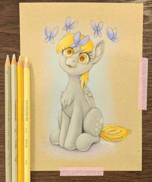 Size: 2114x2537 | Tagged: safe, artist:taytinabelle, derpibooru import, derpy hooves, butterfly, insect, pegasus, pony, :3, :p, chest fluff, colored pencil drawing, colored pencils, cute, ear fluff, female, folded wings, g4, image, irl, jpeg, looking at you, mare, photo, simple background, sitting, smiling, solo, tongue out, traditional art, wings