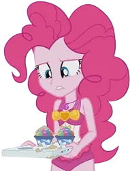 Size: 1927x2520 | Tagged: safe, derpibooru import, edit, edited screencap, editor:homersimpson1983, screencap, pinkie pie, human, background removed, clothes, cupcake, female, food, g4, image, not a vector, pinkie pie's swimsuit, png, swimsuit, tray