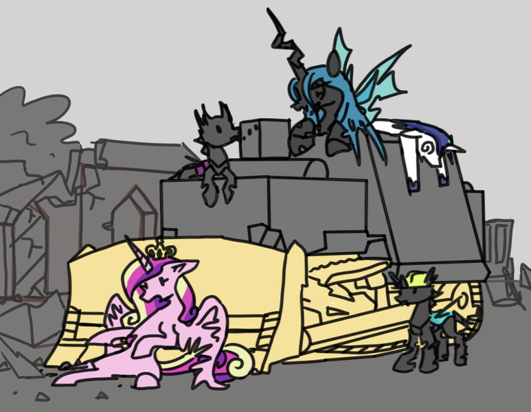 Size: 1000x776 | Tagged: semi-grimdark, artist:anonymous, derpibooru import, princess cadance, queen chrysalis, shining armor, alicorn, changeling, changeling queen, pony, bulldozer, clothes, colored lineart, crown, drawthread, driving, female, group of five, hard hat, hat, image, jewelry, killdozer, mare, meme, png, ponified meme, regalia, requested art, swirly eyes