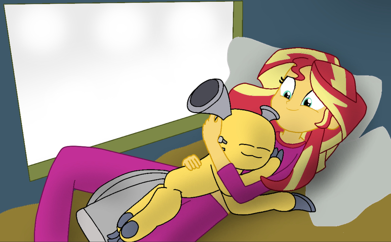 Size: 1504x929 | Tagged: safe, artist:cooperthedoodlian, derpibooru import, sunset shimmer, human, equestria girls, bed, bugalkin, clothes, crossover, crossover shipping, cuddling, cute, g4, hug, image, jpeg, my singing monsters, on bed, pajamas, professor toot, shipping