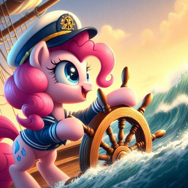 Size: 1024x1024 | Tagged: safe, ai content, derpibooru import, machine learning generated, pinkie pie, earth pony, pony, female, g4, hat, image, jpeg, ocean, prompter:pinkiepiepics, sailor, ship, water