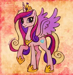 Size: 1981x2048 | Tagged: safe, artist:dariarchangel, derpibooru import, princess cadance, alicorn, pony, colored wings, crown, cute, cutedance, female, g4, gradient wings, hoof shoes, image, jewelry, jpeg, long hair, long mane, long tail, mare, multicolored hair, multicolored mane, multicolored tail, peytral, princess shoes, raised hoof, regalia, slender, smiling, solo, spread wings, standing, tail, thin, tricolor mane, wings