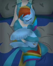 Size: 972x1211 | Tagged: safe, artist:cooperthedoodlian, derpibooru import, rainbow dash, oc, oc:solkon, dragon, base used, bed, canon x oc, cooper doodlian is trying to murder us, cuddling, cuddling in bed, cute, dashsol, dragon on pony snuggling, dragon x pony, duo, duo male and female, female, g4, gift art, hug, ice dragon, image, jpeg, male, on bed, requested art, snuggling