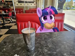 Size: 2048x1536 | Tagged: safe, artist:pabbley, derpibooru import, twilight sparkle, earth pony, pony, booth, burger, date, diner, drink, food, hay burger, image, irl, jpeg, looking at you, milkshake, photo, solo, table