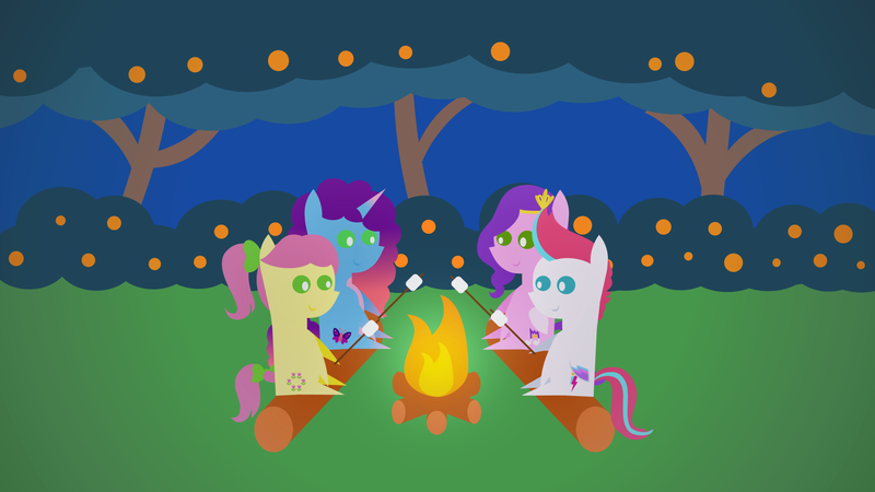 Size: 1920x1080 | Tagged: safe, artist:carrotorangelight, derpibooru import, pipp petals, posey (g5), zipp storm, earth pony, pegasus, unicorn, g5, campfire, horn, image, misty brightdawn, night, png