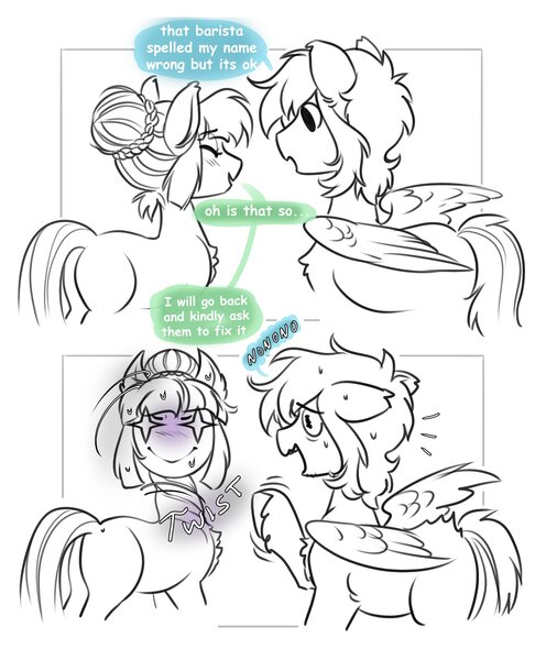 Size: 3383x4096 | Tagged: safe, artist:opalacorn, derpibooru import, oc, unofficial characters only, earth pony, pegasus, pony, 2 panel comic, black and white, butt, comic, duo, duo male and female, emanata, female, grayscale, image, jpeg, lineart, male, mare, monochrome, nervous sweat, partial color, plot, simple background, stallion, sweat, turned head, unshorn fetlocks, white background