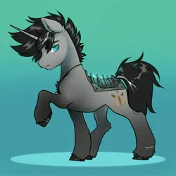 Size: 4096x4096 | Tagged: safe, artist:opalacorn, derpibooru import, oc, oc:kona hoxxe, unofficial characters only, cyborg, pony, unicorn, gradient background, horn, image, jpeg, lidded eyes, male, raised hoof, solo, stallion