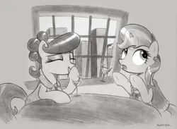 Size: 6063x4444 | Tagged: safe, artist:mizhisha, derpibooru import, suri polomare, upper crust, pony, alcohol, city, cocktail, drink, female, g4, image, mare, png, requested art, table, window