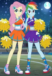 Size: 832x1216 | Tagged: safe, ai content, machine learning generated, prompter:tiamatnightmare, fluttershy, rainbow dash, human, equestria girls, cheerleader outfit, clothes, female, flutterdash, football field, football stadium, humanized, image, jpeg, lesbian, night, shipping, stars