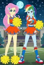 Size: 832x1216 | Tagged: safe, ai content, machine learning generated, prompter:tiamatnightmare, fluttershy, rainbow dash, human, equestria girls, cheerleader outfit, clothes, female, flutterdash, football field, football stadium, humanized, image, jpeg, lesbian, night, shipping, stars