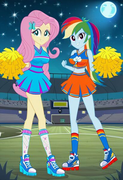 Size: 832x1216 | Tagged: safe, ai content, machine learning generated, prompter:tiamatnightmare, fluttershy, rainbow dash, human, equestria girls, cheerleader outfit, clothes, female, flutterdash, football field, football stadium, humanized, image, jpeg, lesbian, night, shipping, stars