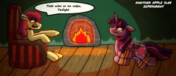 Size: 1214x524 | Tagged: semi-grimdark, derpibooru import, apple bloom, twilight sparkle, twilight sparkle (alicorn), alicorn, earth pony, pony, fanfic:another apple sleep experiment, fanart, fanfic art, floppy ears, image, png, spanish