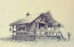 Size: 4058x2600 | Tagged: safe, artist:cirtierest, derpibooru import, applejack, earth pony, pony, cabin, g4, image, jpeg, lamp, log cabin, monochrome, solo, traditional art