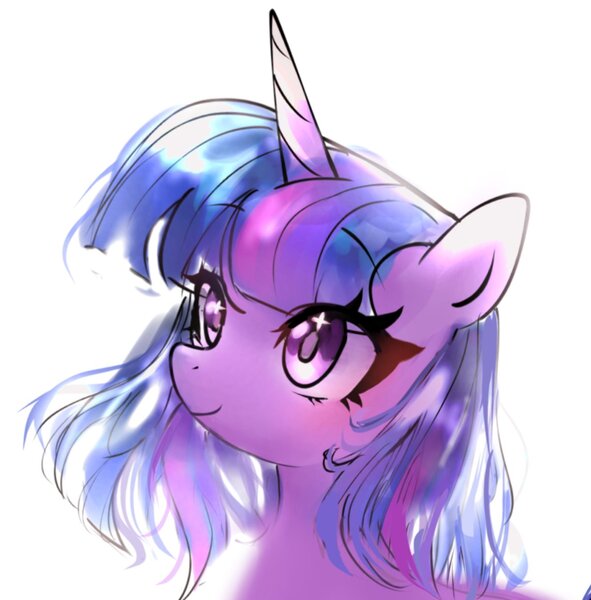 Size: 1328x1349 | Tagged: safe, artist:petaltwinkle, derpibooru import, twilight sparkle, pony, unicorn, alternate hairstyle, bangs, bust, colored sketch, cute, eye clipping through hair, eyebrows, eyebrows visible through hair, eyelashes, g4, horn, image, jpeg, long horn, multicolored mane, portrait, purple coat, purple eyes, shiny mane, simple background, sketch, smiling, solo, sparkly eyes, thick eyelashes, three toned mane, tri-color mane, tri-colored mane, tricolor mane, tricolored mane, twiabetes, unicorn horn, unicorn twilight, white background, wingding eyes