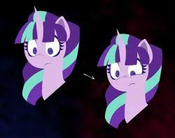 Size: 1518x1202 | Tagged: safe, artist:partyponypower, derpibooru import, part of a set, starlight glimmer, pony, unicorn, 2 panel comic, abstract background, alternate universe, bangs, bust, colored eyelashes, colored pinnae, comic, eye twitch, eyelashes, female, frown, g4, horn, image, jpeg, lineless, mare, no catchlights, nose wrinkle, pink coat, purple eyelashes, purple eyes, s5 starlight, shrunken pupils, solo, two toned mane, unicorn horn