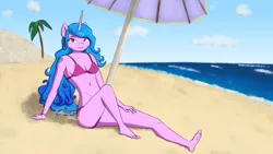 Size: 1920x1080 | Tagged: suggestive, artist:parronist, derpibooru import, izzy moonbow, anthro, unicorn, g5, barefoot, beach, beach umbrella, belly button, bikini, breasts, clothes, cloud, cutie mark on shoulder, feet, female, friendship bracelet, horn, image, looking at you, palm tree, png, sand, signature, sitting, smiling, smiling at you, solo, solo female, swimsuit, tree, umbrella, water