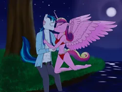 Size: 960x720 | Tagged: suggestive, artist:parronist, derpibooru import, princess cadance, shining armor, alicorn, anthro, unicorn, female, horn, image, kissing, male, moon, night, png, ship:shiningcadance, shipping, straight