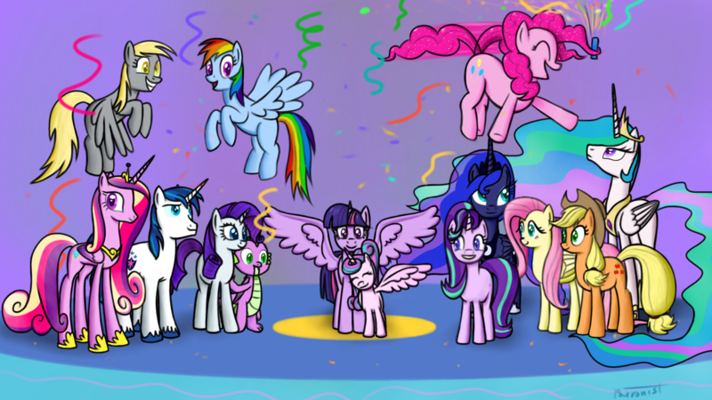 Size: 1920x1080 | Tagged: safe, artist:parronist, derpibooru import, applejack, derpy hooves, fluttershy, pinkie pie, princess cadance, princess celestia, princess flurry heart, princess luna, rainbow dash, rarity, shining armor, spike, starlight glimmer, twilight sparkle, twilight sparkle (alicorn), alicorn, dragon, earth pony, pegasus, pony, unicorn, 2020, confetti, female, g4, horn, image, male, mare, mlp fim's tenth anniversary, png, royal sisters, siblings, sisters, spread wings, stallion, streamers, wings