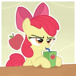 Size: 2048x2048 | Tagged: safe, ai content, derpibooru import, machine learning assisted, apple bloom, earth pony, pony, abstract background, apple, apple juice, female, filly, foal, food, image, juice, outline, png, show accurate, sipping, straw, table, white outline