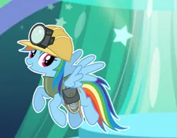 Size: 641x500 | Tagged: safe, derpibooru import, rainbow dash, pegasus, pony, bag, fashion show, gameloft, headlamp, image, miner, png, ropes