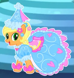 Size: 483x507 | Tagged: safe, derpibooru import, applejack, earth pony, pony, applejack also dresses in style, beautiful, bow, clothes, dress, flower, flower in hair, froufrou glittery lacy outfit, happy, hat, hennin, image, jewelry, necklace, png, pretty, princess, princess applejack, smiling