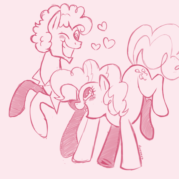 Size: 3000x3000 | Tagged: safe, artist:texacity, derpibooru import, cheese sandwich, pinkie pie, earth pony, pony, cheesepie, duo, duo male and female, female, g4, grin, heart, image, looking at each other, looking at someone, male, mare, monochrome, open mouth, open smile, pink background, png, shipping, simple background, sketch, smiling, smiling at each other, stallion, straight