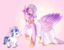 Size: 2048x1620 | Tagged: safe, artist:mojmojsanna, derpibooru import, princess cadance, shining armor, alicorn, pony, unicorn, alternate hairstyle, blushing, clothes, dress, duo, duo male and female, female, floating heart, g4, hair bun, heart, height difference, hoof shoes, horn, horn ring, image, jewelry, looking at someone, looking at you, male, mare, meme, messy mane, partially open wings, physique difference, png, raised hoof, regalia, ring, ship:shiningcadance, shipping, short, size difference, smiling, sparkles, stallion, straight, tall, the bride and the ugly ass groom, toy interpretation, veil, wedding dress, wedding ring, wedding veil, wings