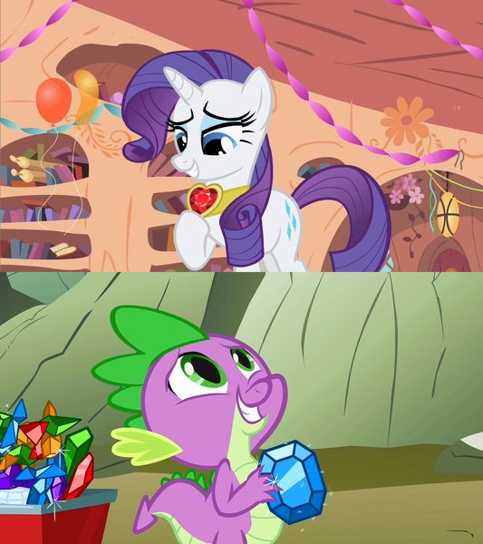 Size: 1280x1440 | Tagged: safe, derpibooru import, edit, edited screencap, screencap, rarity, spike, a dog and pony show, secret of my excess, balloon, female, fire ruby, g4, gem, golden oaks library, image, jewelry, library, male, necklace, png, ruby, shipping, sparity, straight, streamers, wagon