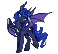 Size: 920x845 | Tagged: safe, artist:shydale, derpibooru import, princess luna, alicorn, bat pony, bat pony alicorn, pony, :d, bat ears, bat ponified, bat wings, cute, ear fluff, fangs, freckles, horn, image, looking at you, magma.com, membranous wings, open mouth, open smile, png, race swap, raised leg, slit pupils, smiling, solo, species swap, wings